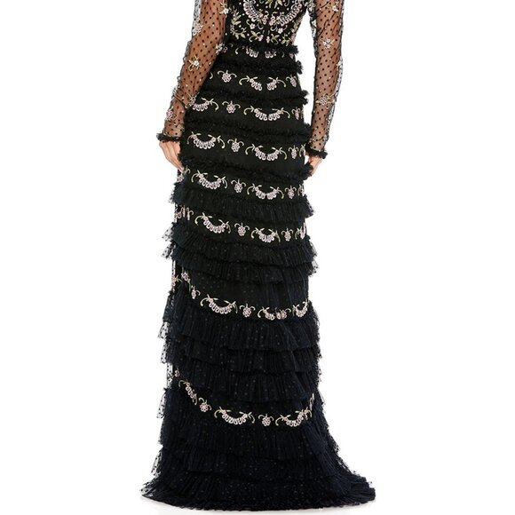 Mac Duggal 8030 Polka Dot Long Sleeve Floral Ruffle Tired Gown - Picture 6 of 12